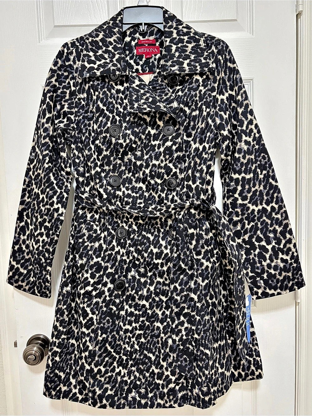 Merona Water Repellent Leopard Print Trench Coat Black & Cream Medium